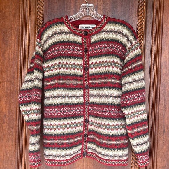 Vintage Crystal Kobe Shetland Wool Sweater Nordic Red Fair Isle Womens Small - Picture 15 of 16